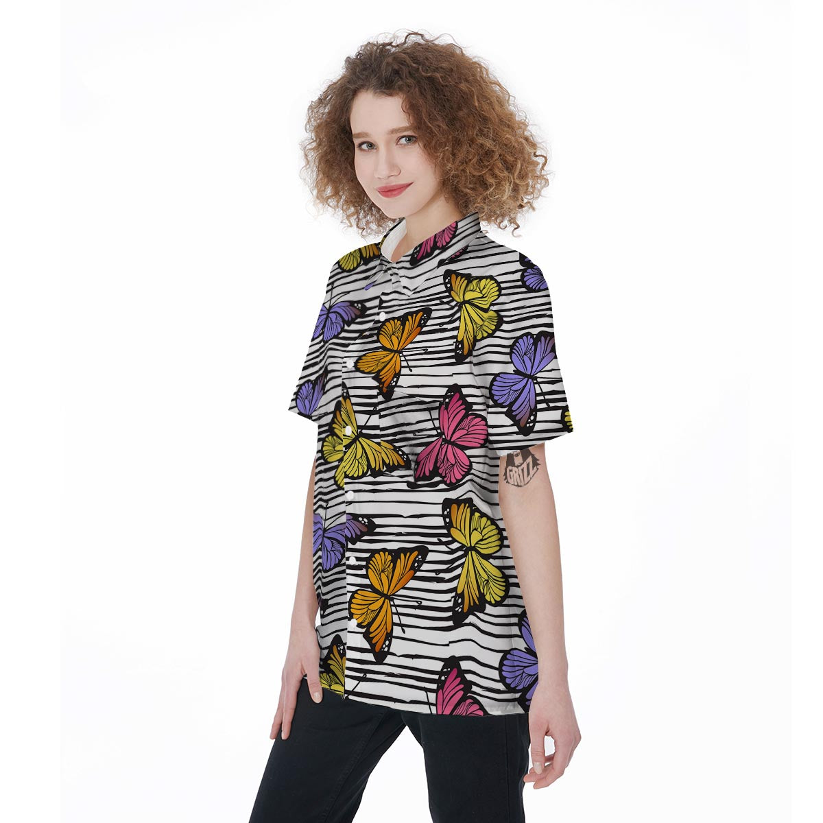Striped Butterfly Print Women's Short Sleeve Shirts-grizzshop