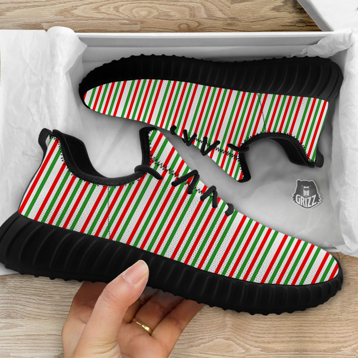 Striped Candy Cane Print Pattern Black Walking Shoes-grizzshop