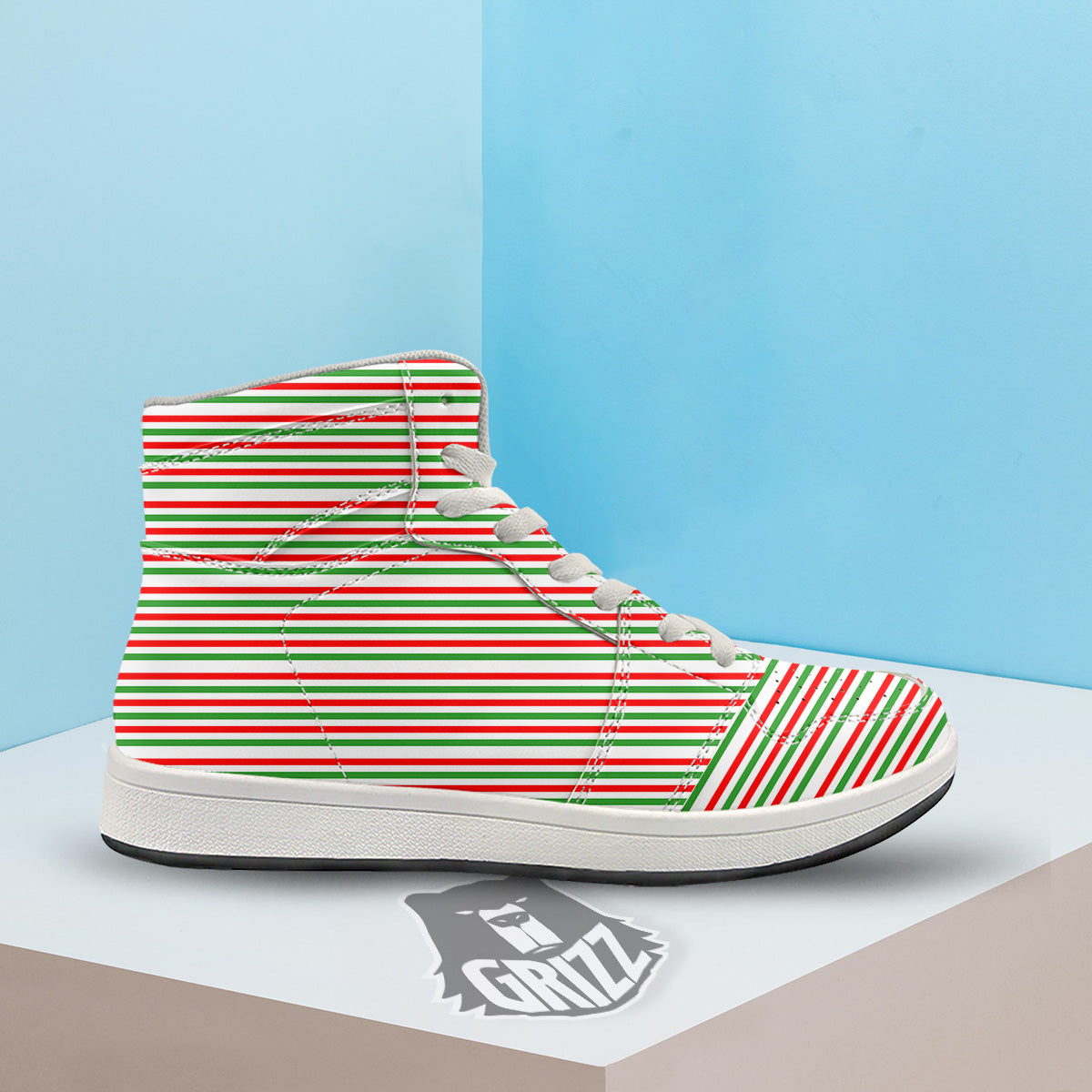 Striped Candy Cane Print Pattern High Top Sneakers-grizzshop