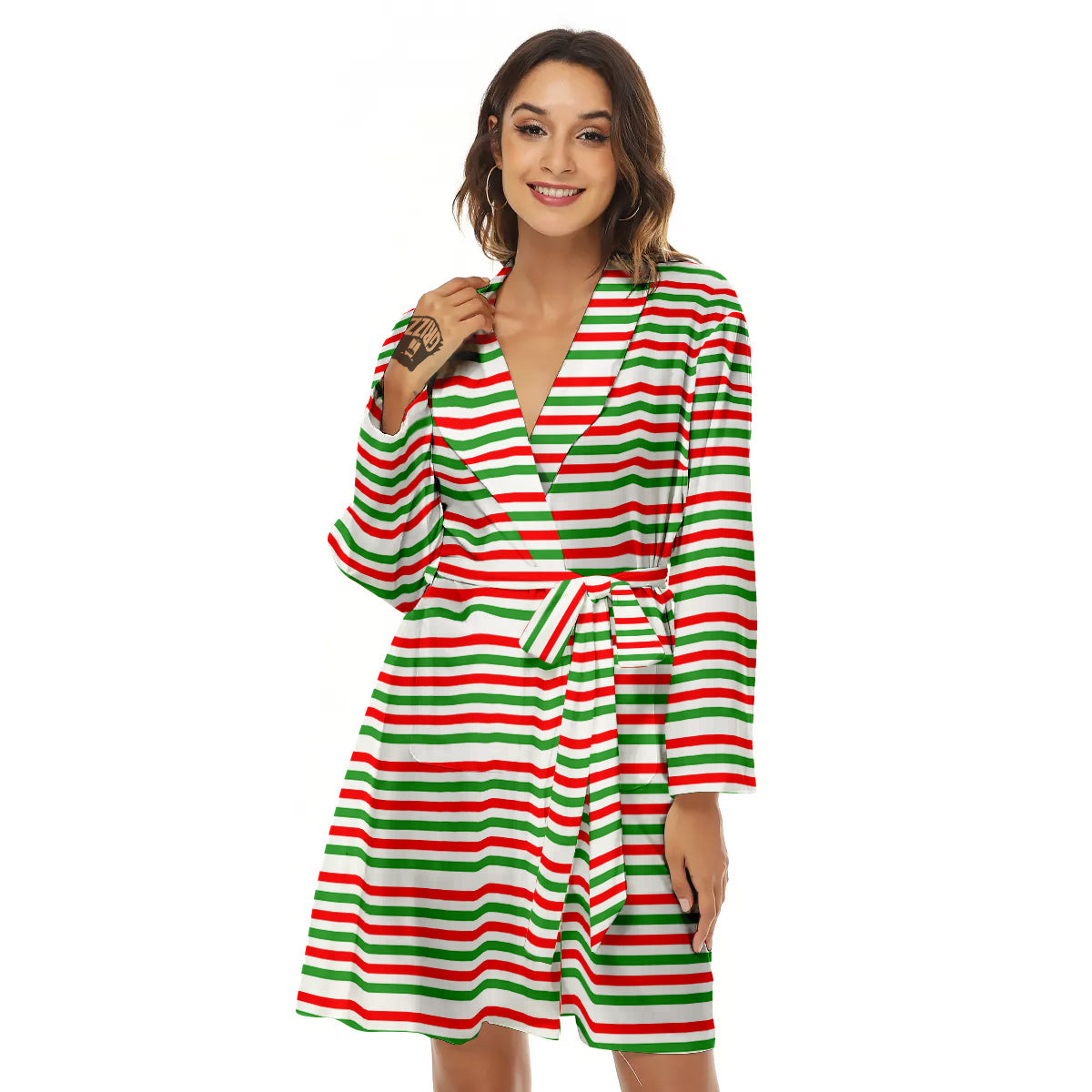 Striped Candy Cane Print Pattern Women's Robe-grizzshop