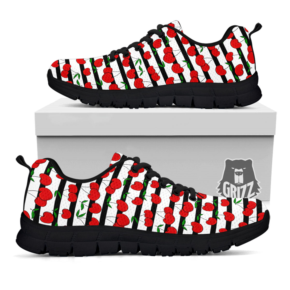Striped Cherry Print Pattern Black Sneaker-grizzshop