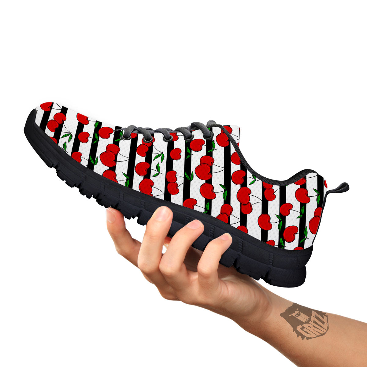 Striped Cherry Print Pattern Black Sneaker-grizzshop