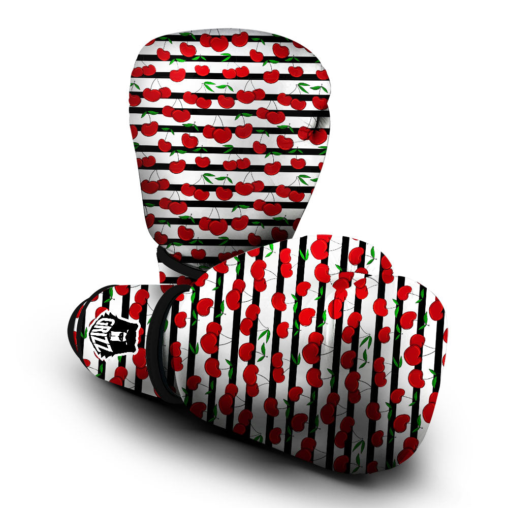 Striped Cherry Print Pattern Boxing Gloves-grizzshop