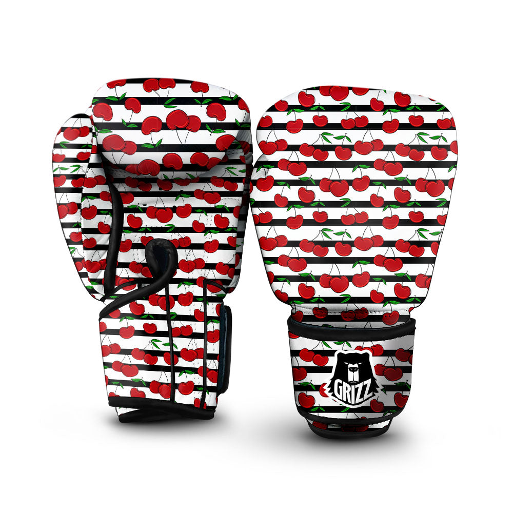 Striped Cherry Print Pattern Boxing Gloves-grizzshop