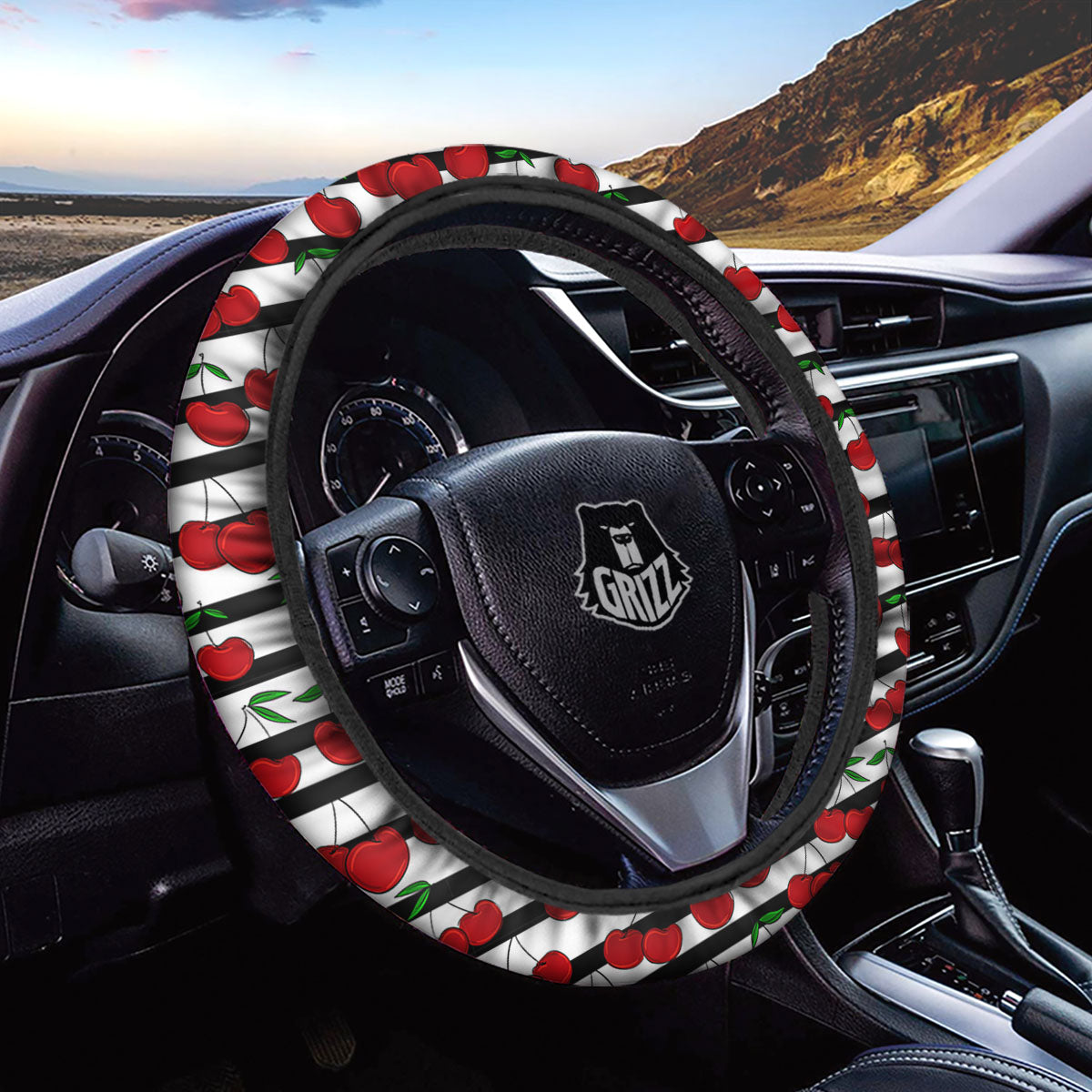 Striped Cherry Print Pattern Car Steering Wheel Cover-grizzshop