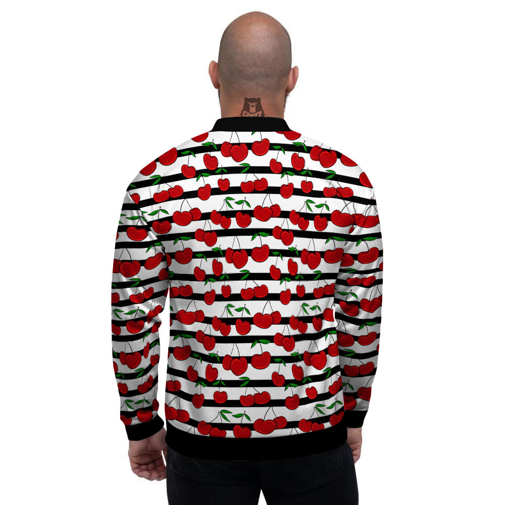 Striped Cherry Print Pattern Men's Bomber Jacket-grizzshop