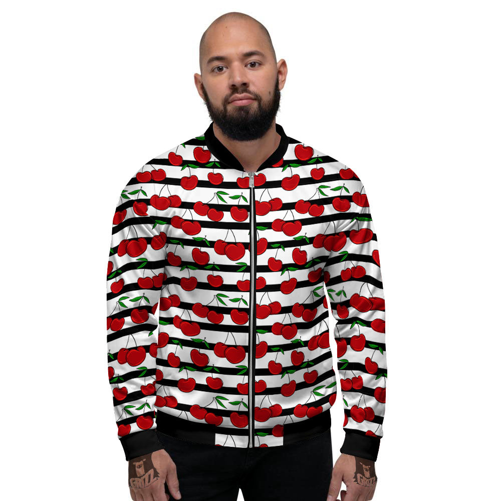 Striped Cherry Print Pattern Men's Bomber Jacket-grizzshop