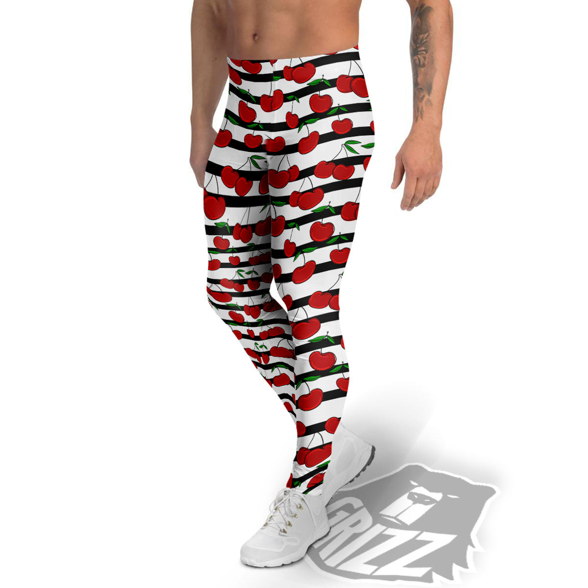 Striped Cherry Print Pattern Men's Leggings-grizzshop