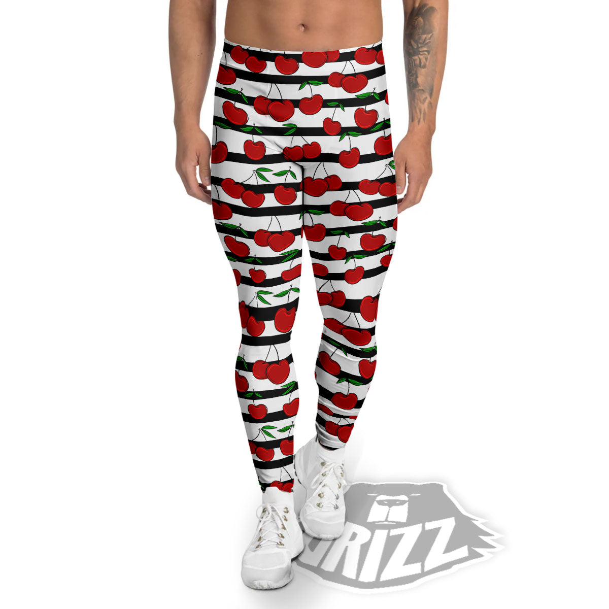 Striped Cherry Print Pattern Men's Leggings-grizzshop
