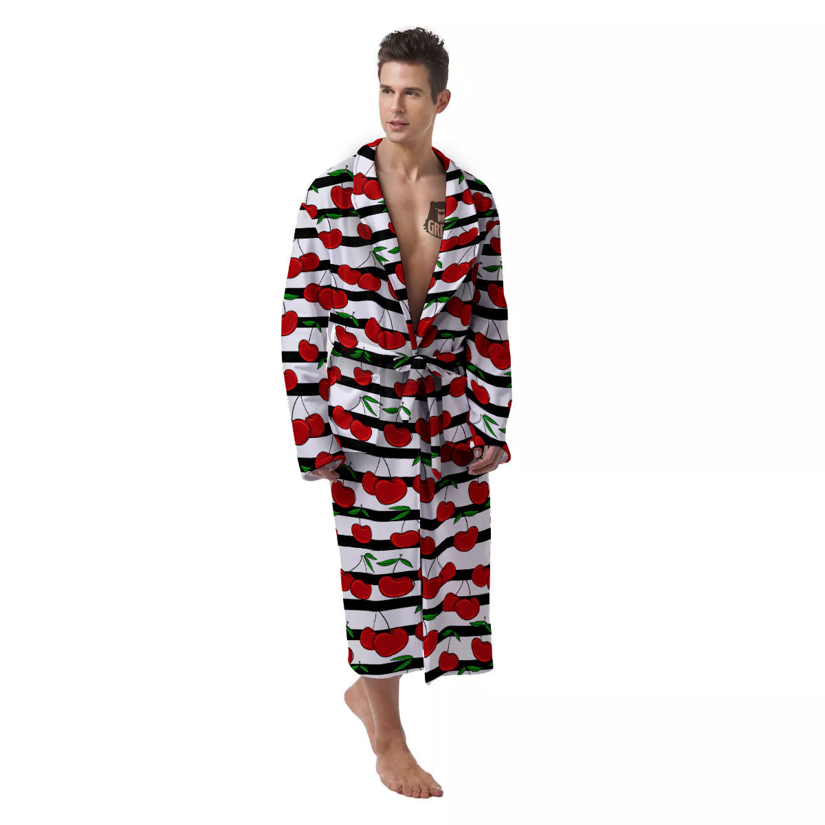 Striped Cherry Print Pattern Men's Robe-grizzshop