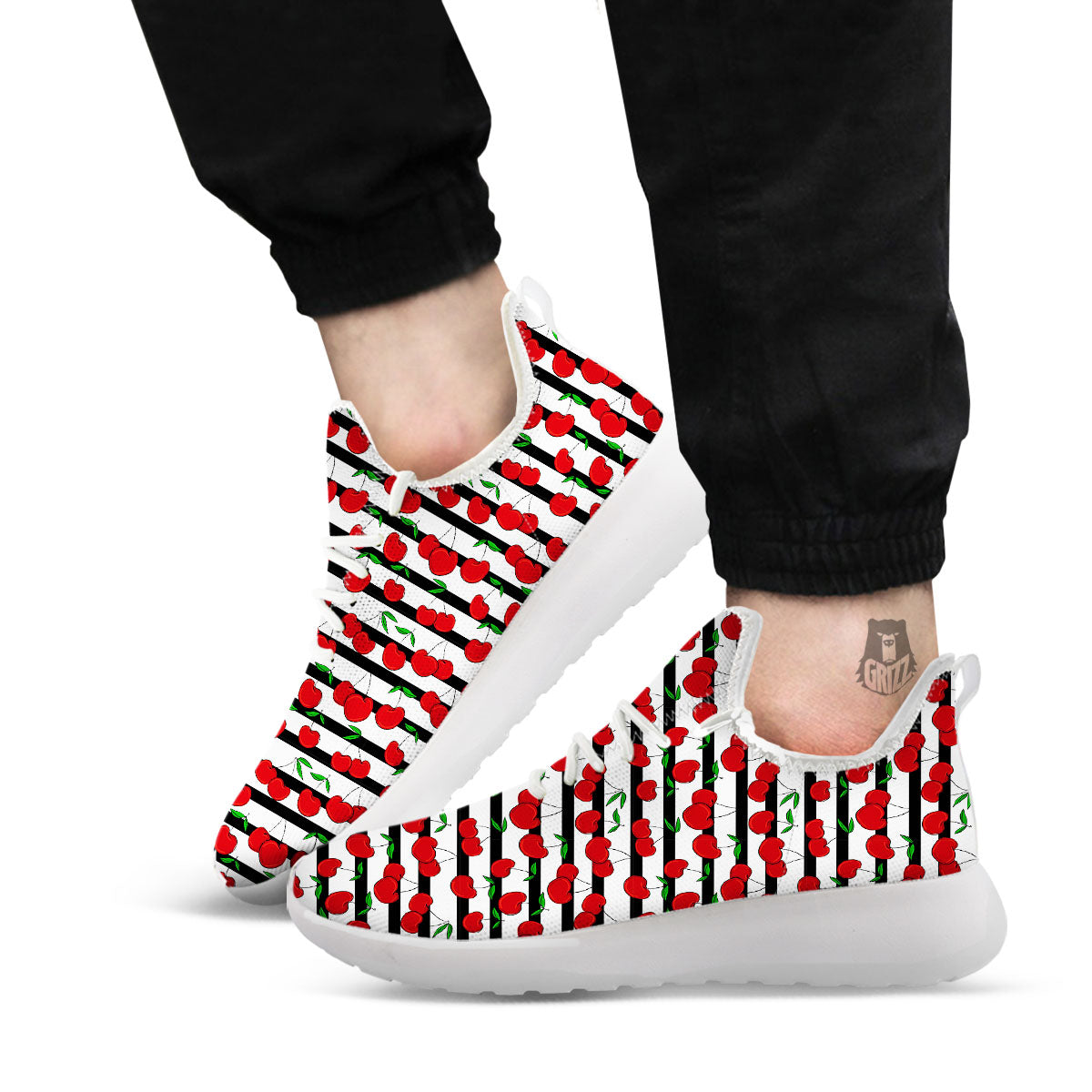 Striped Cherry Print Pattern White Athletic Shoes-grizzshop