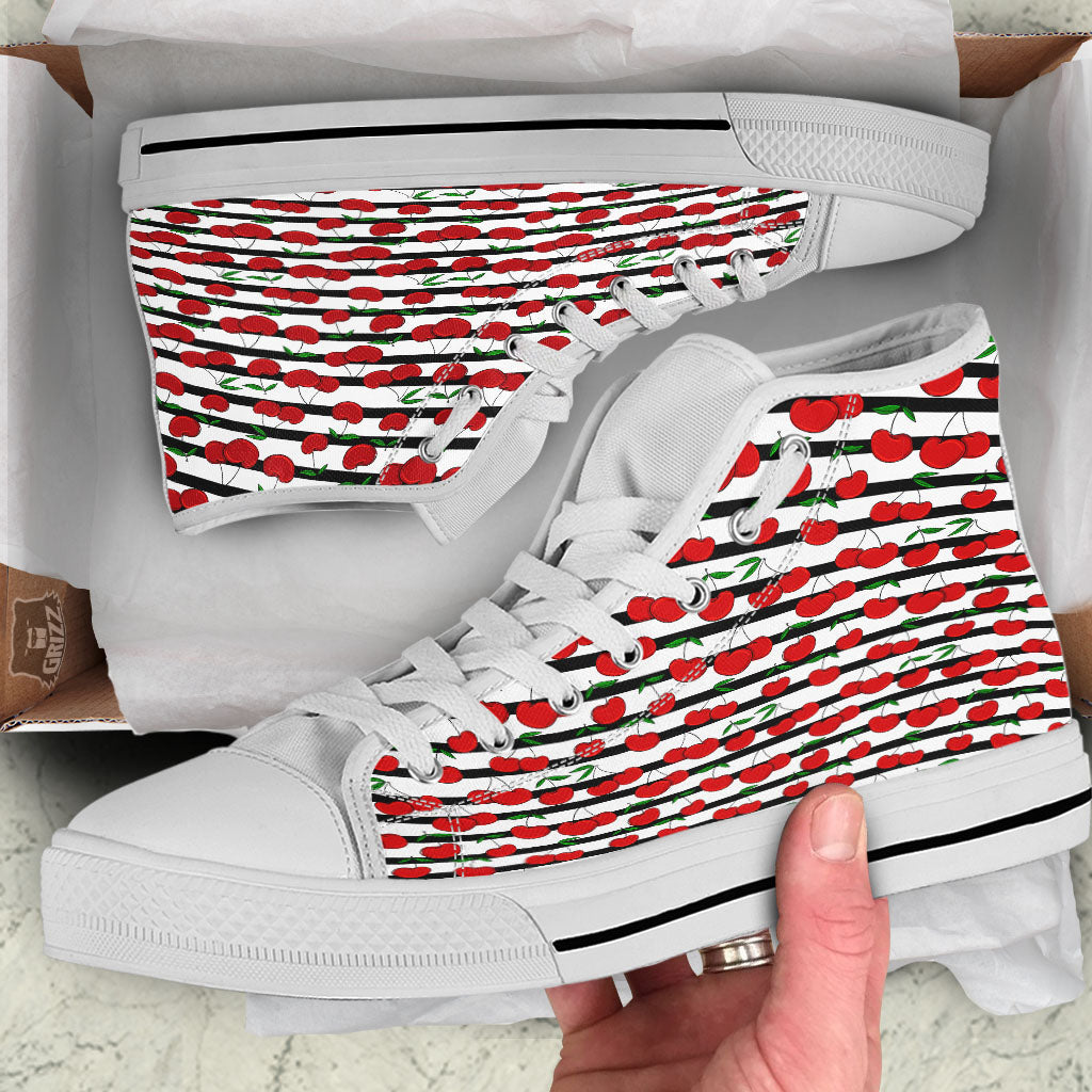 Striped Cherry Print Pattern White High Top Shoes-grizzshop
