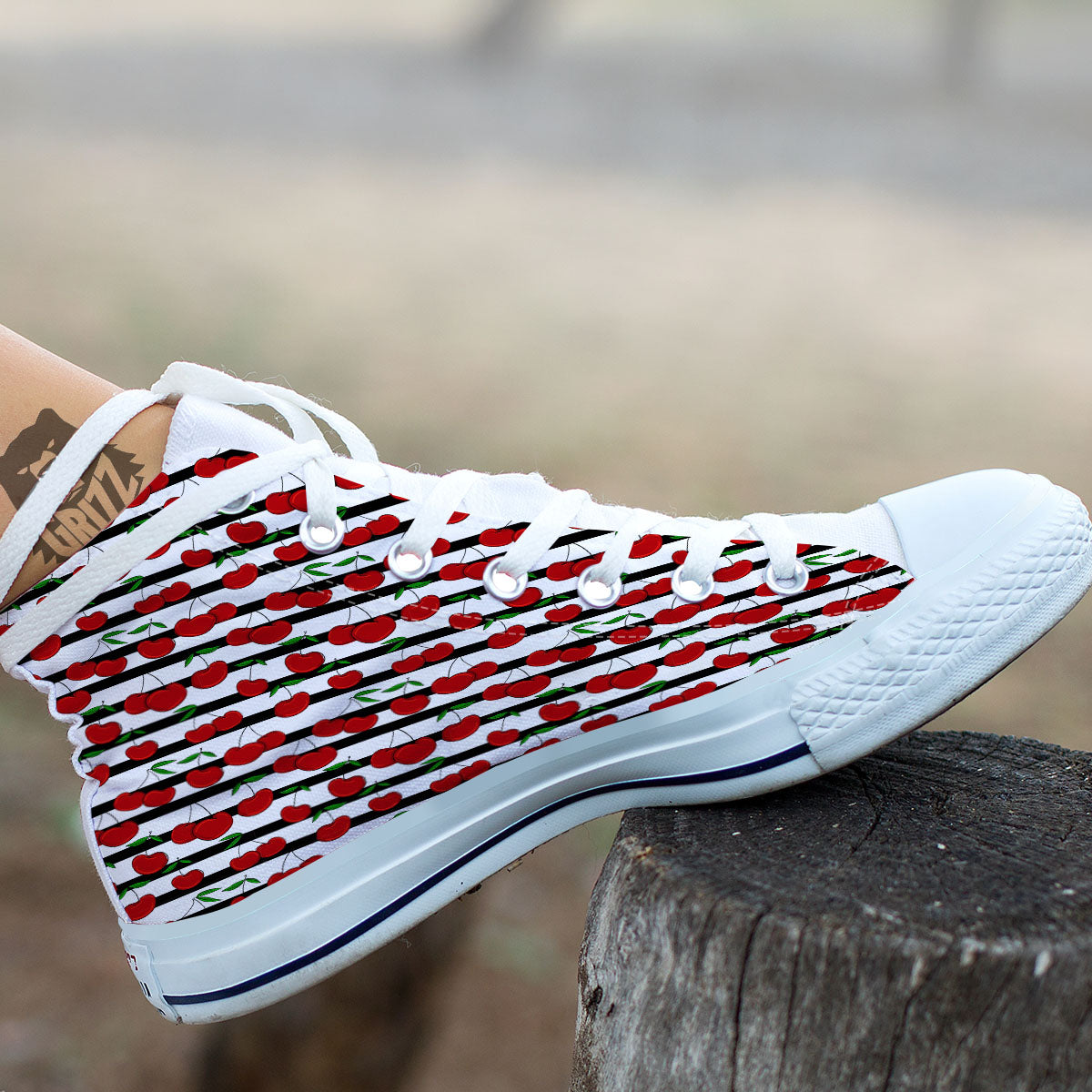 Striped Cherry Print Pattern White High Top Shoes-grizzshop