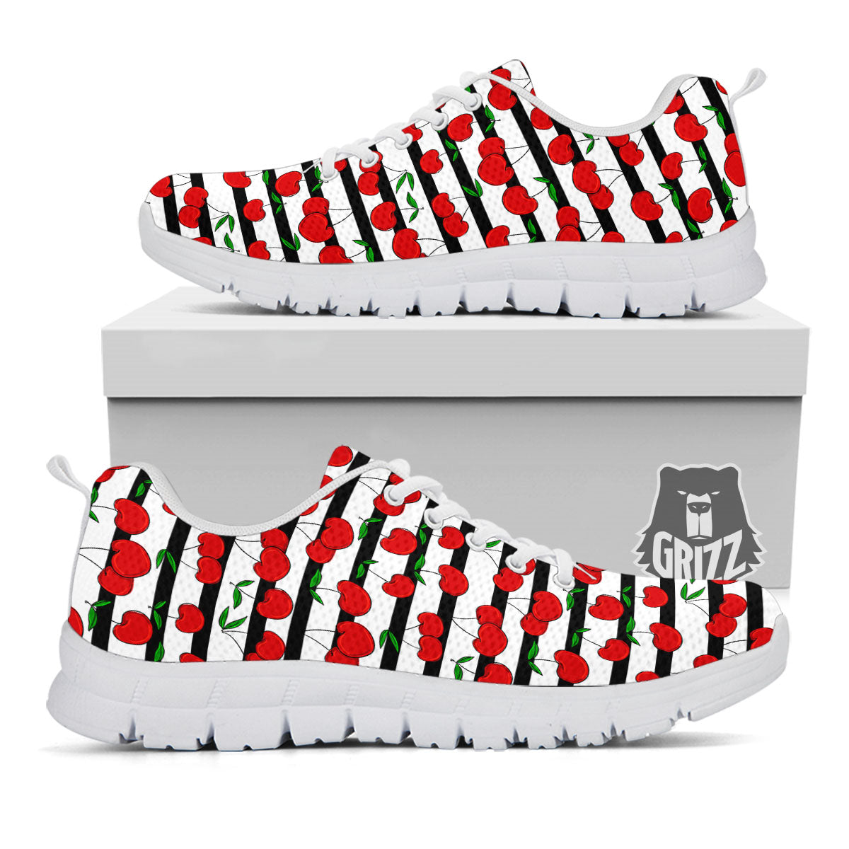 Striped Cherry Print Pattern White Sneaker-grizzshop