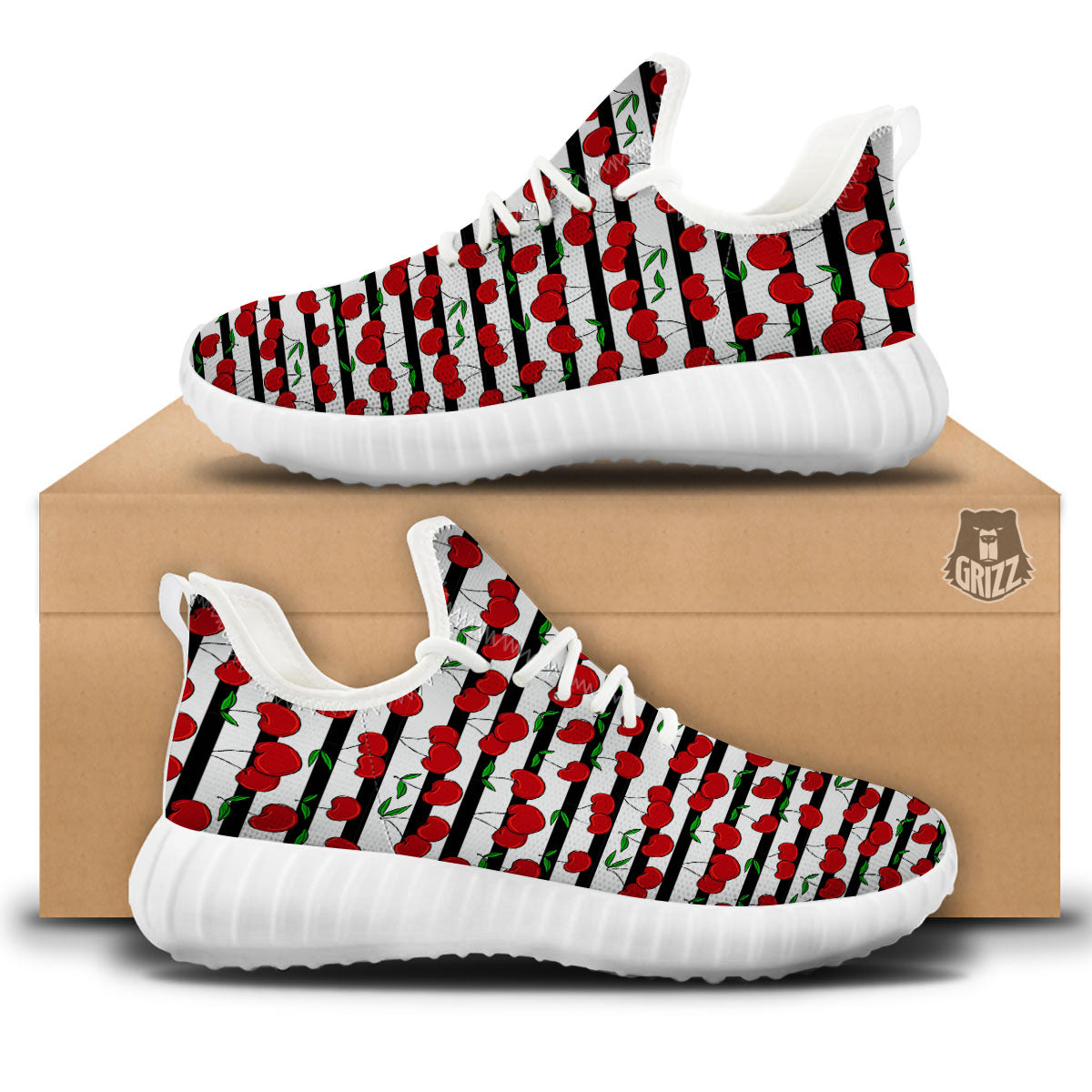Striped Cherry Print Pattern White Walking Shoes-grizzshop