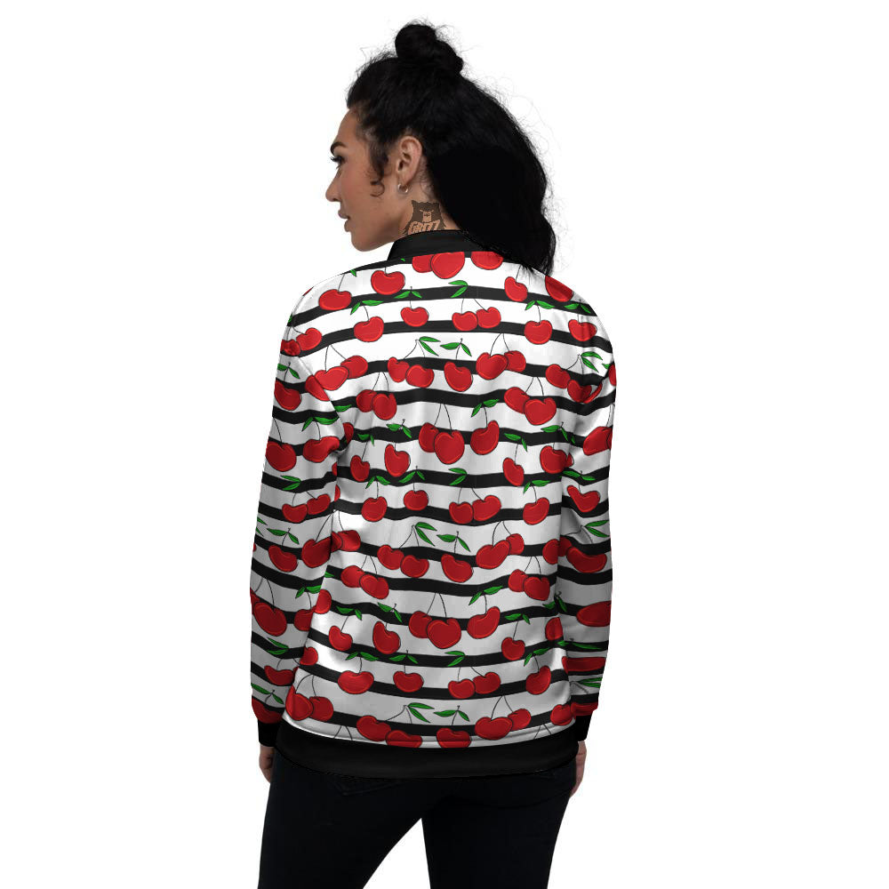 Striped Cherry Print Pattern Women's Bomber Jacket-grizzshop