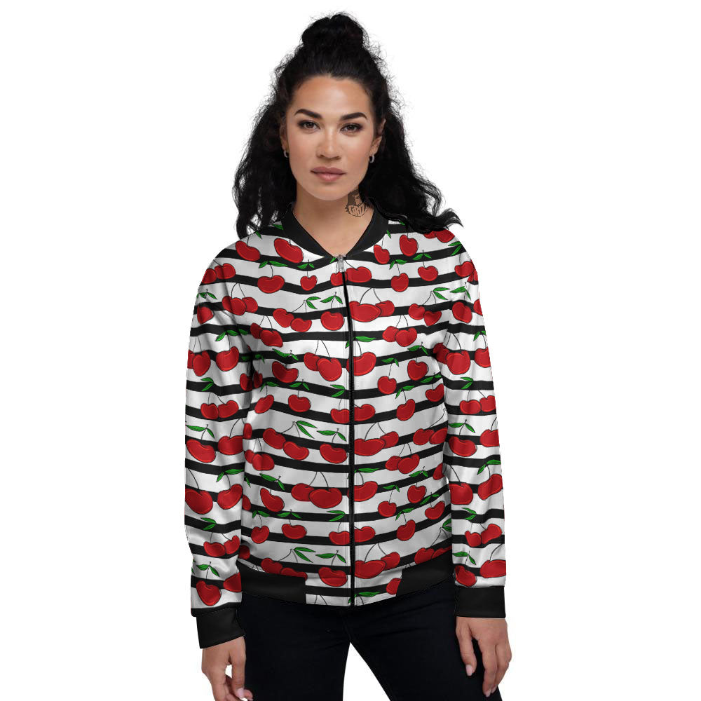 Striped Cherry Print Pattern Women's Bomber Jacket-grizzshop