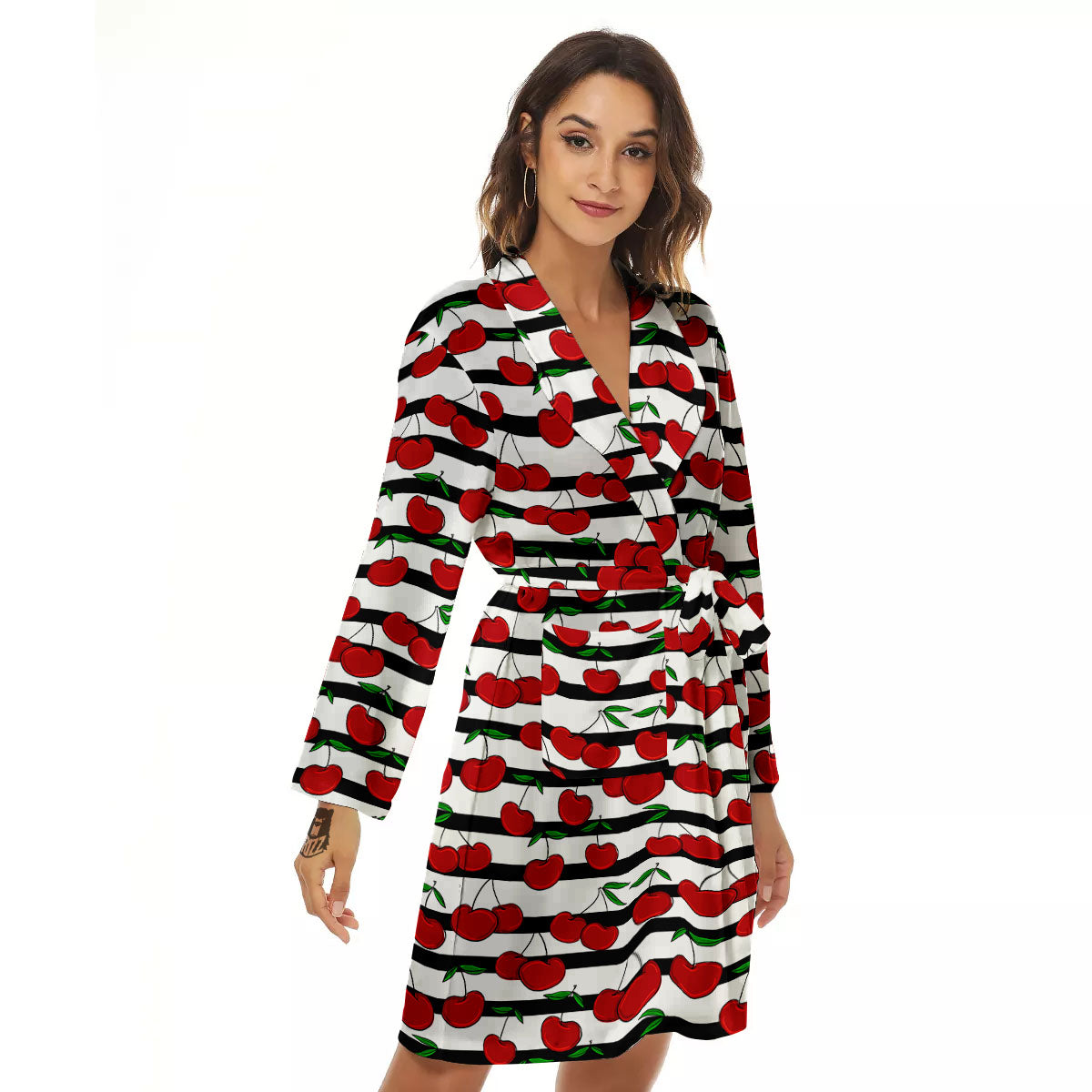 Striped Cherry Print Pattern Women's Robe-grizzshop