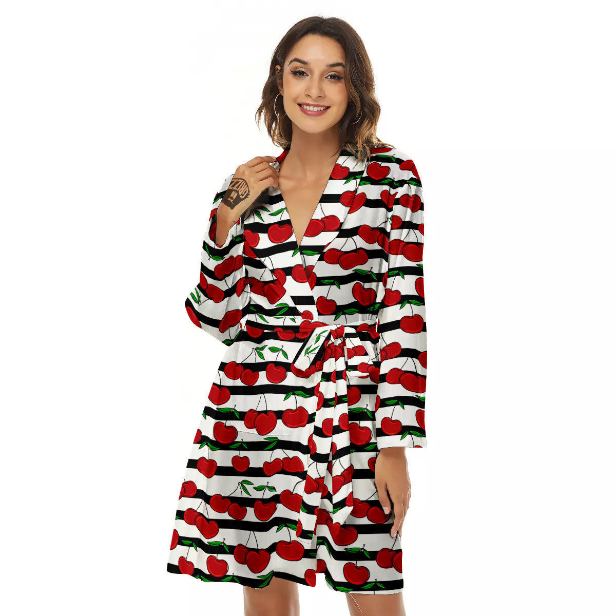 Striped Cherry Print Pattern Women's Robe-grizzshop