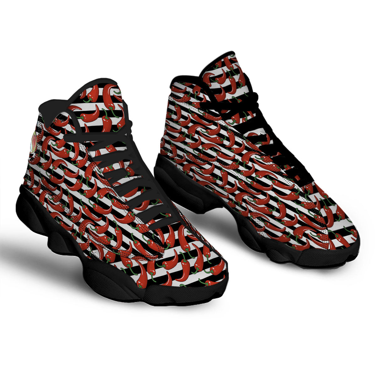 Striped Chili White And Black Print Black Basketball Shoes-grizzshop