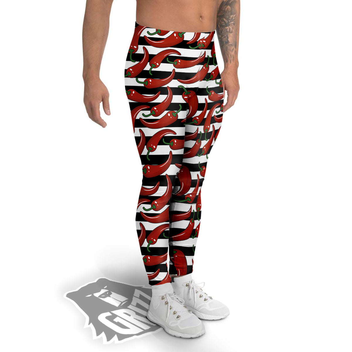 Striped Chili White And Black Print Men's Leggings-grizzshop