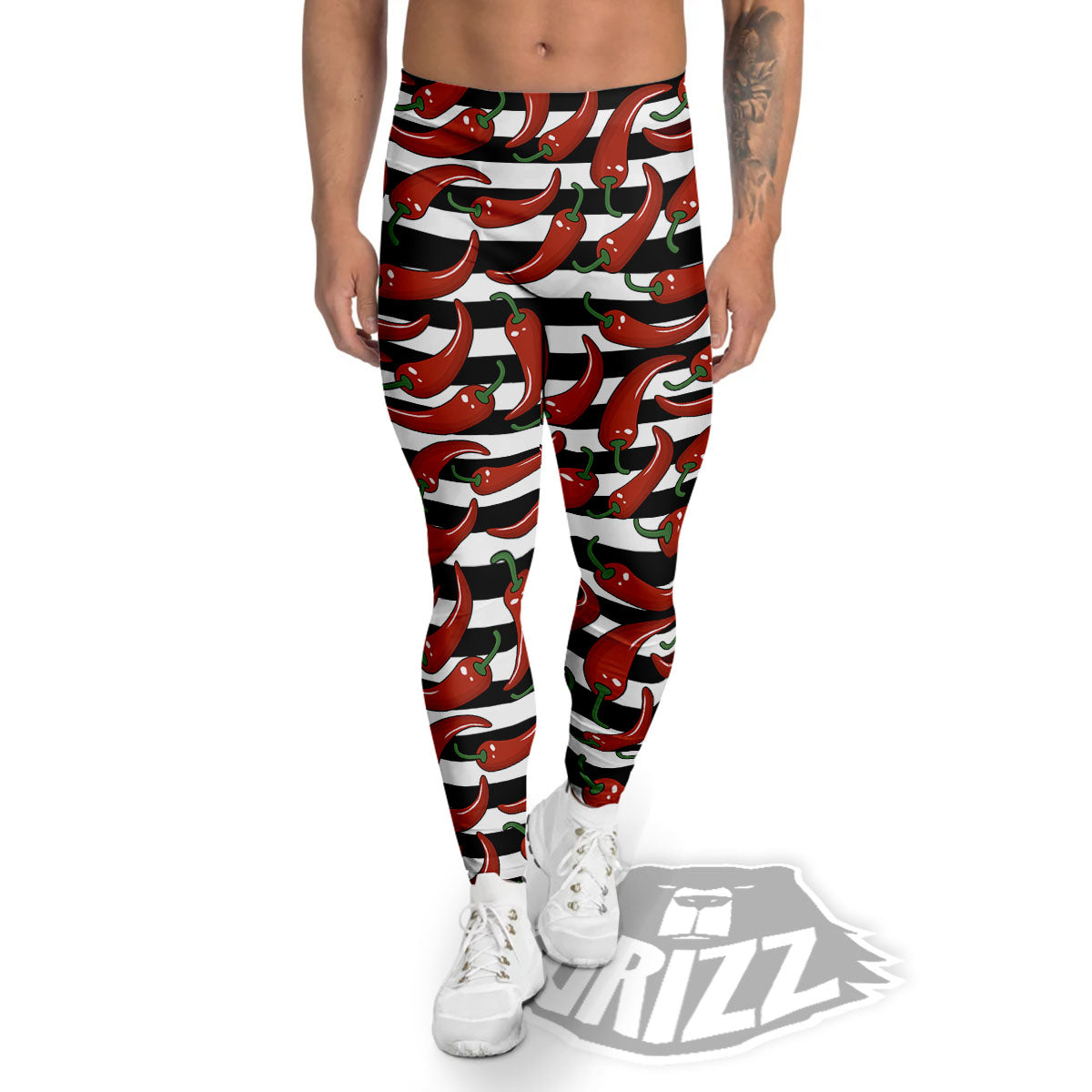 Striped Chili White And Black Print Men's Leggings-grizzshop