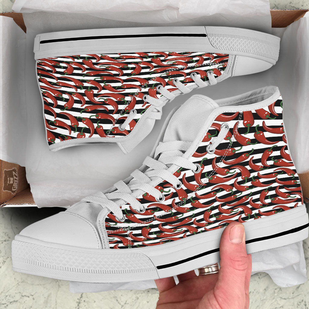 Striped Chili White And Black Print White High Top Shoes-grizzshop