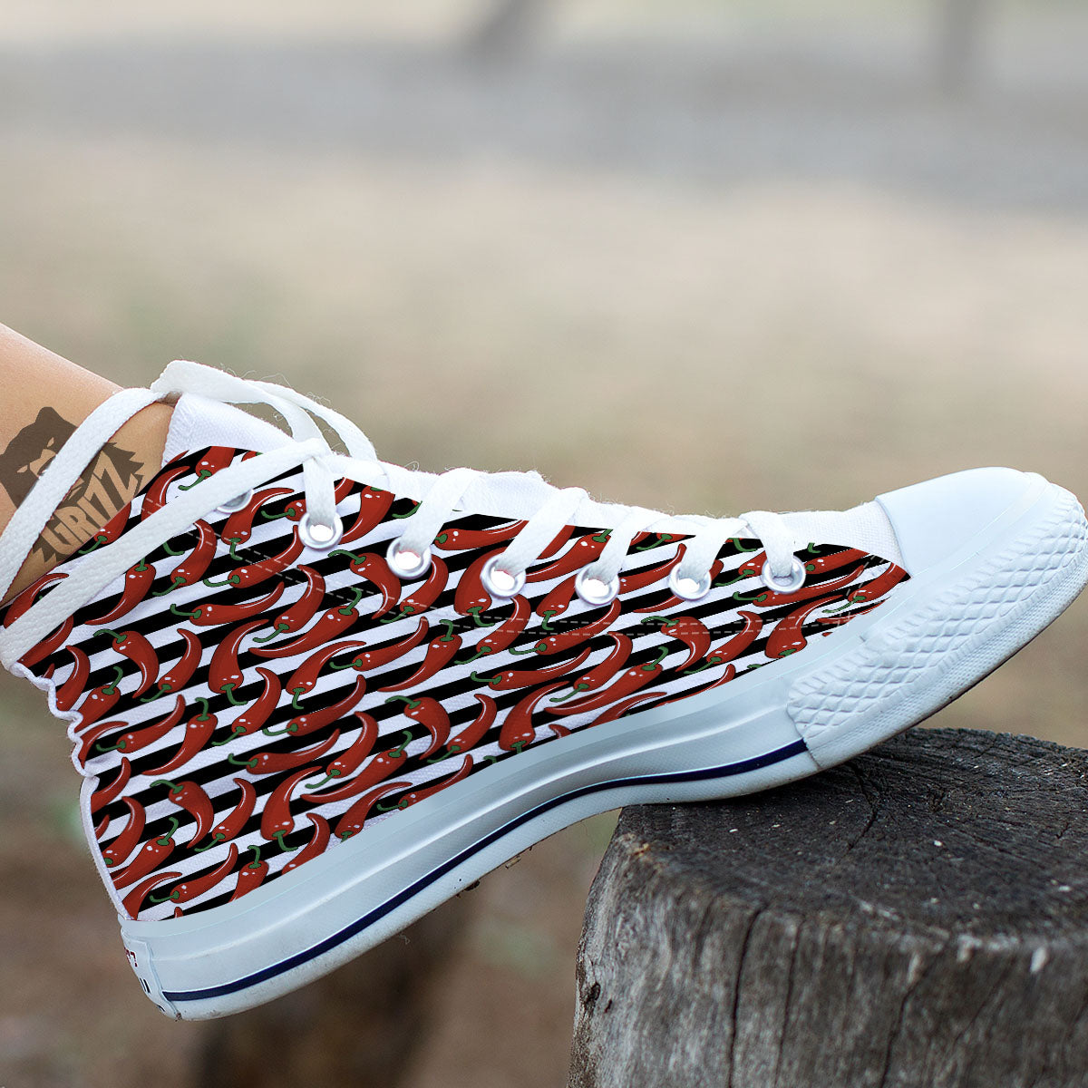 Striped Chili White And Black Print White High Top Shoes-grizzshop