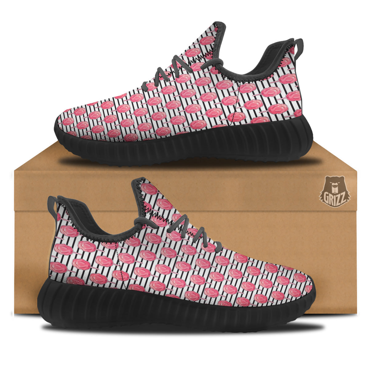 Striped Cotton Candy Print Pattern Black Walking Shoes-grizzshop