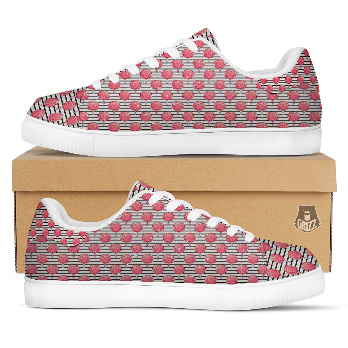 Striped Cotton Candy Print Pattern White Low Top Sneakers-grizzshop