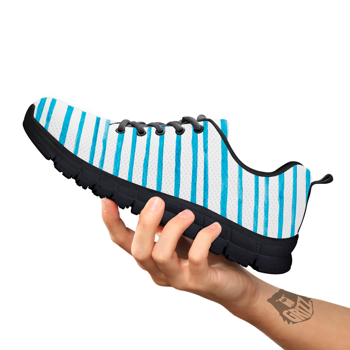 Striped Cyan And White Print Pattern Black Sneaker-grizzshop