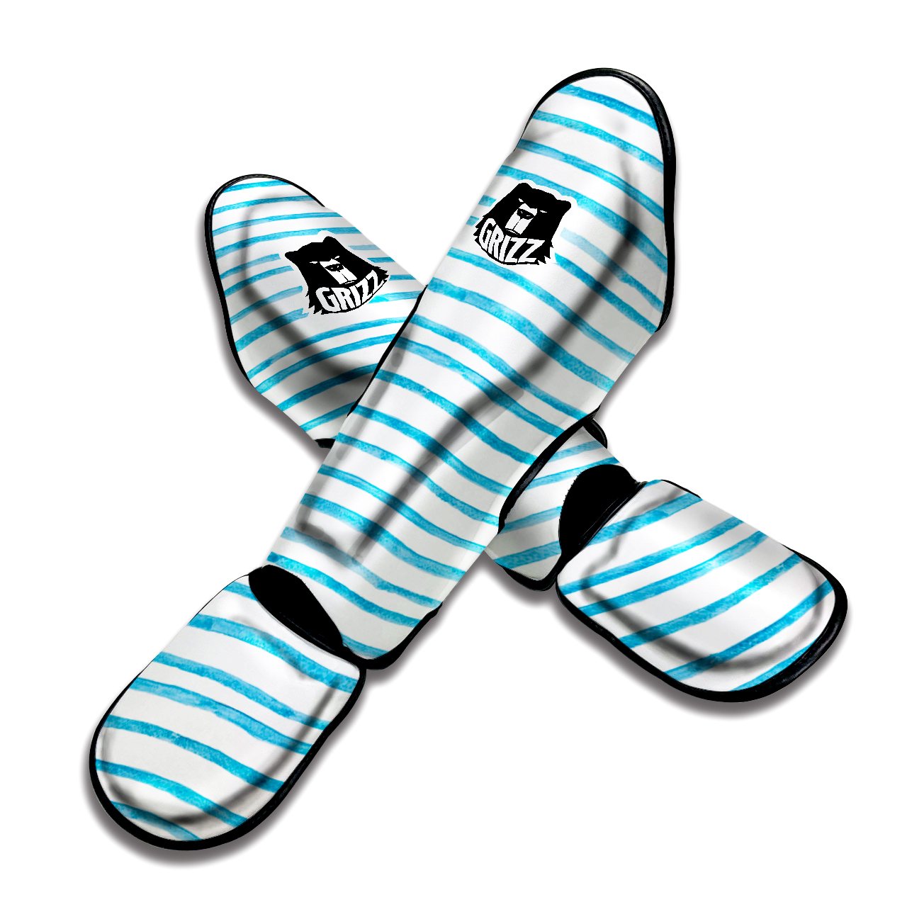 Striped Cyan And White Print Pattern Muay Thai Shin Guards-grizzshop