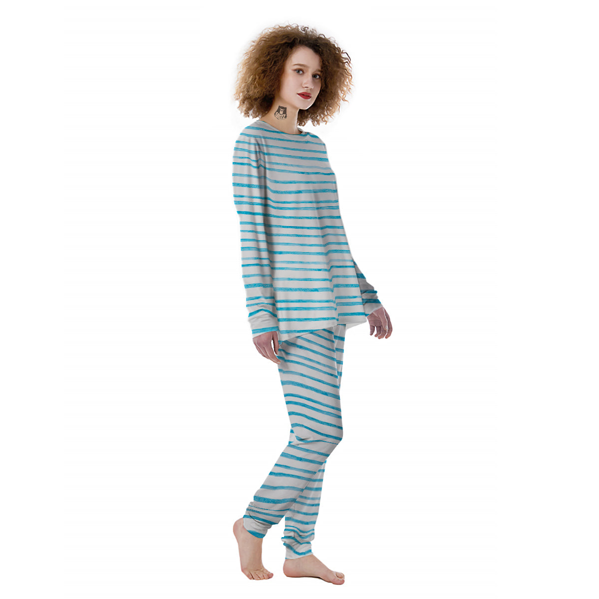 Striped Cyan And White Print Pattern Women's Pajamas-grizzshop