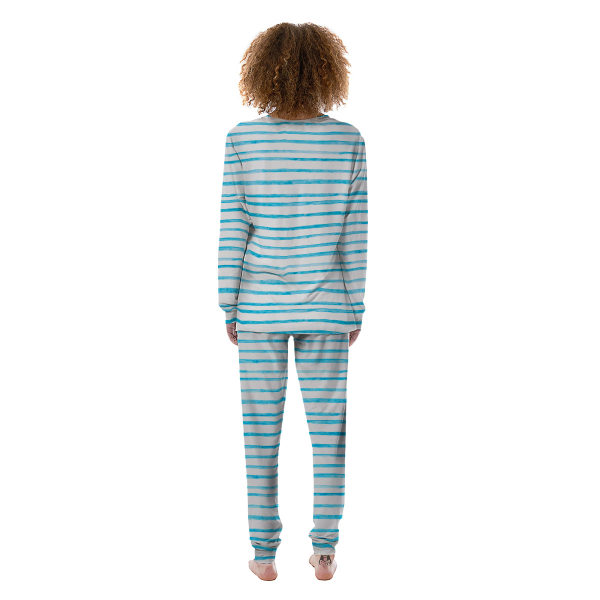 Striped Cyan And White Print Pattern Women's Pajamas-grizzshop