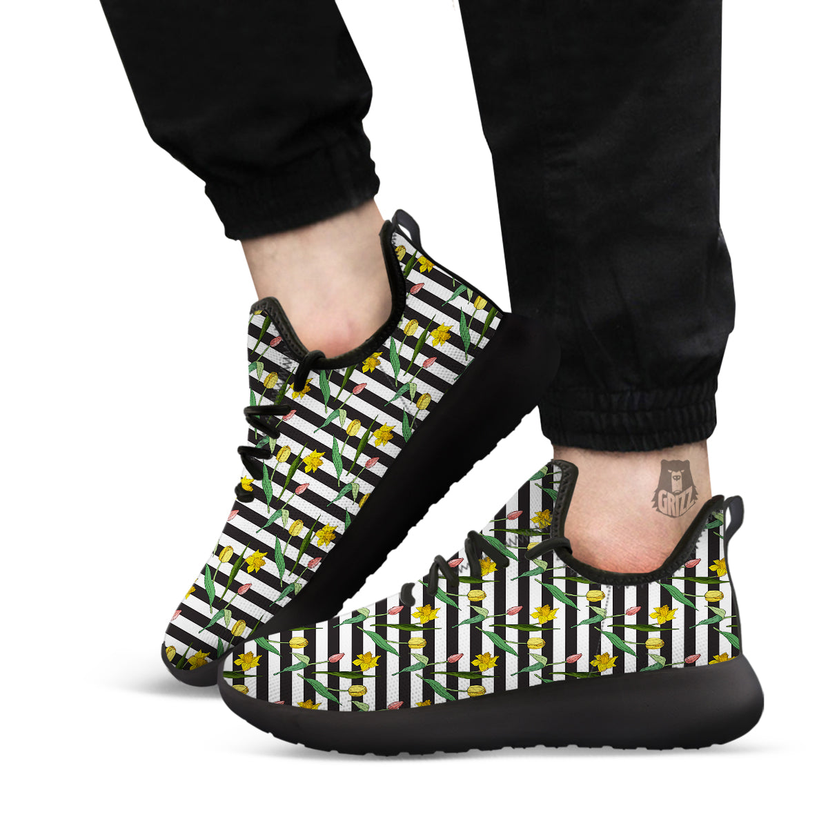 Striped Daffodil Yellow Print Pattern Black Athletic Shoes-grizzshop