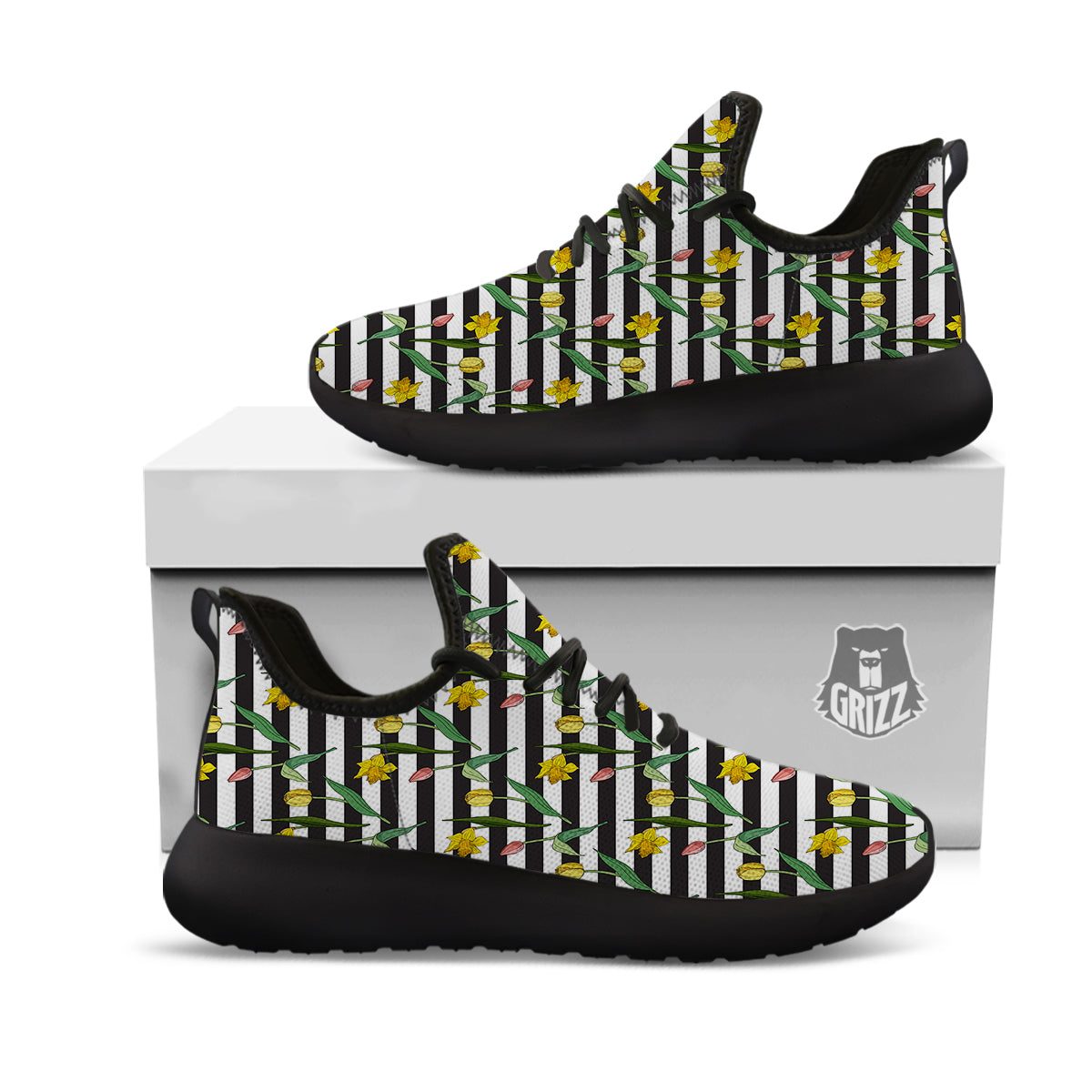 Striped Daffodil Yellow Print Pattern Black Athletic Shoes-grizzshop