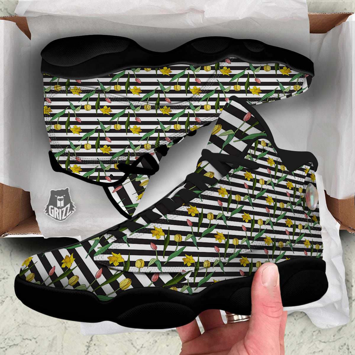 Striped Daffodil Yellow Print Pattern Black Basketball Shoes-grizzshop