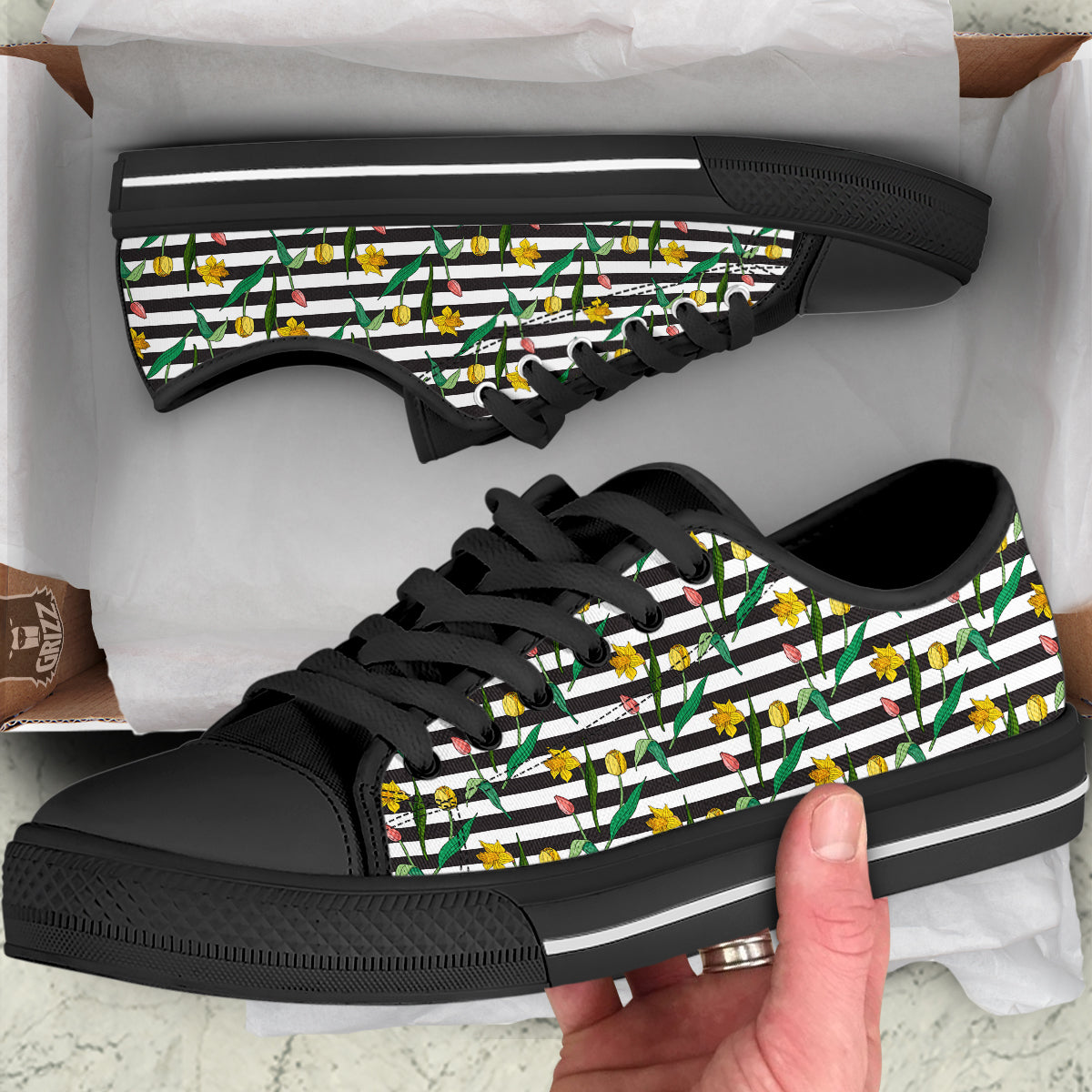 Striped Daffodil Yellow Print Pattern Black Low Top Shoes-grizzshop