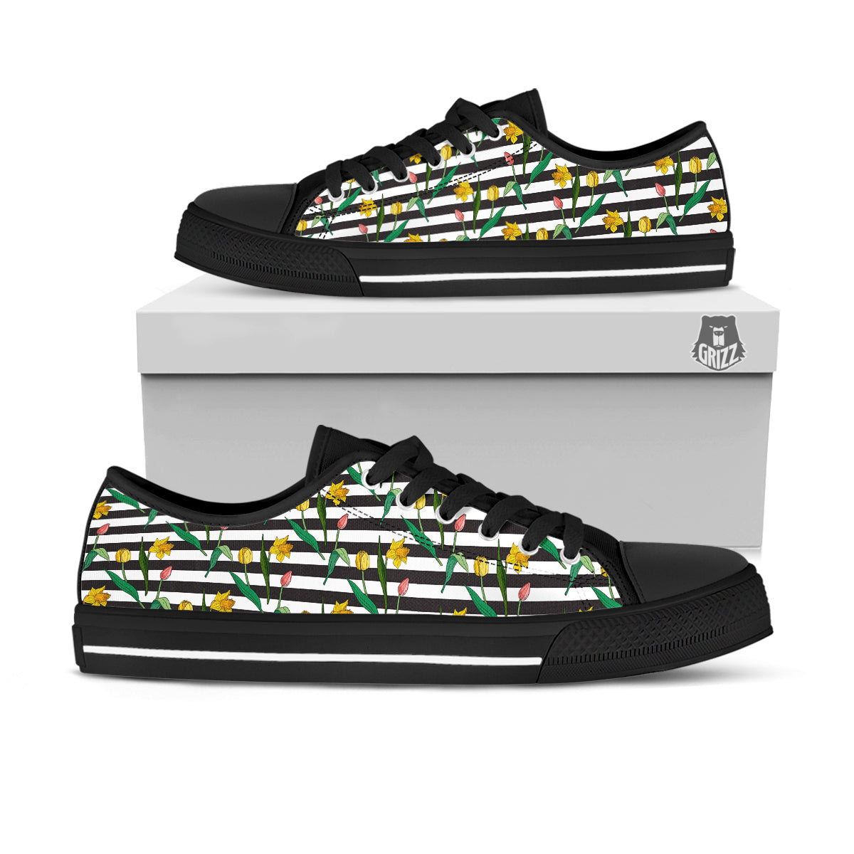 Striped Daffodil Yellow Print Pattern Black Low Top Shoes-grizzshop