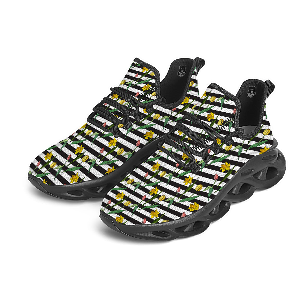 Striped Daffodil Yellow Print Pattern Black Running Shoes-grizzshop