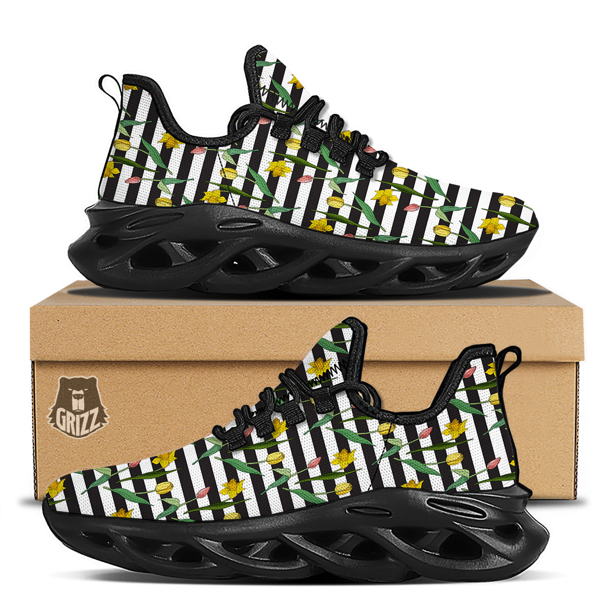 Striped Daffodil Yellow Print Pattern Black Running Shoes-grizzshop