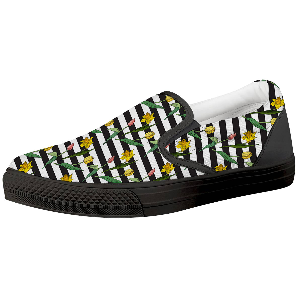 Striped Daffodil Yellow Print Pattern Black Slip On Shoes-grizzshop