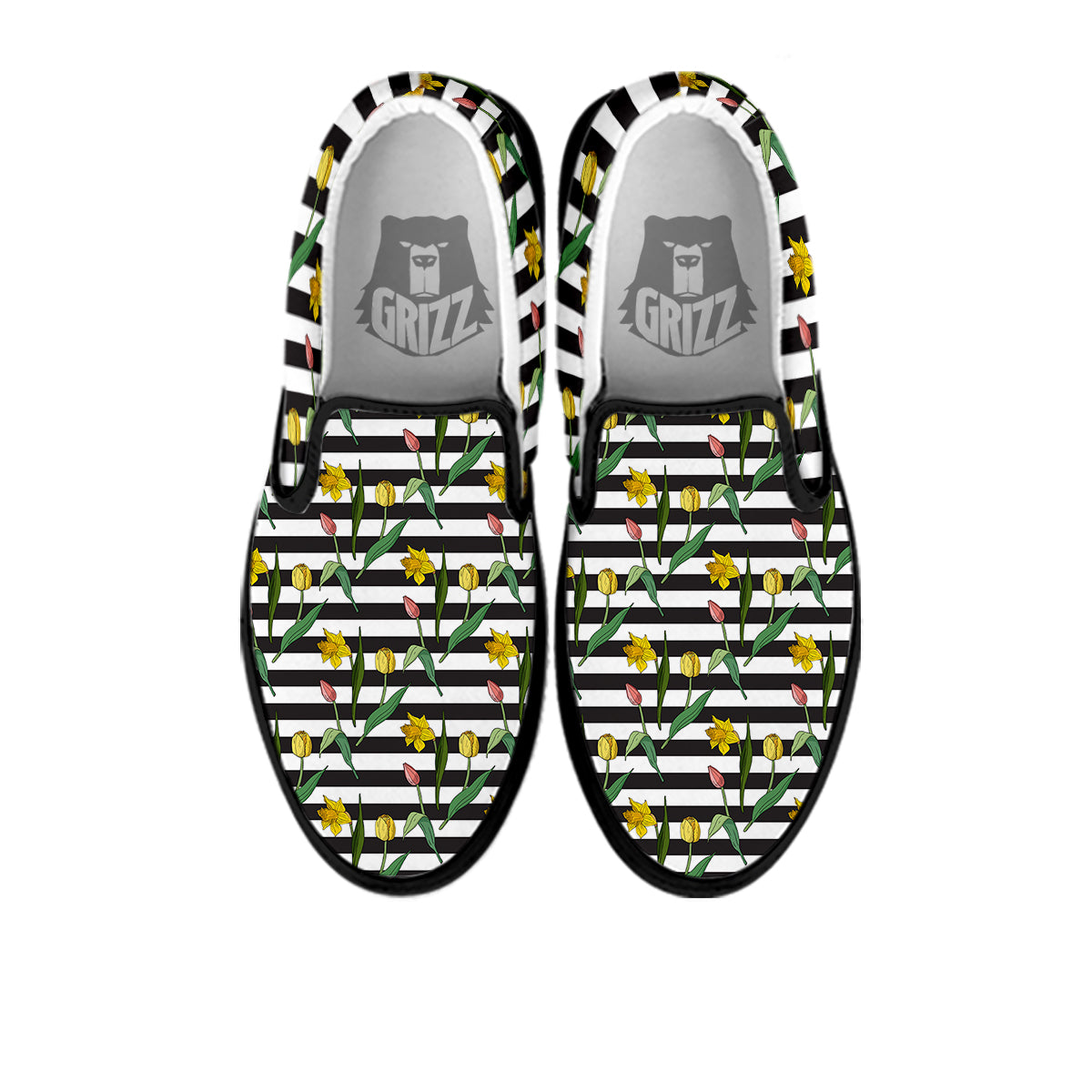 Striped Daffodil Yellow Print Pattern Black Slip On Shoes-grizzshop