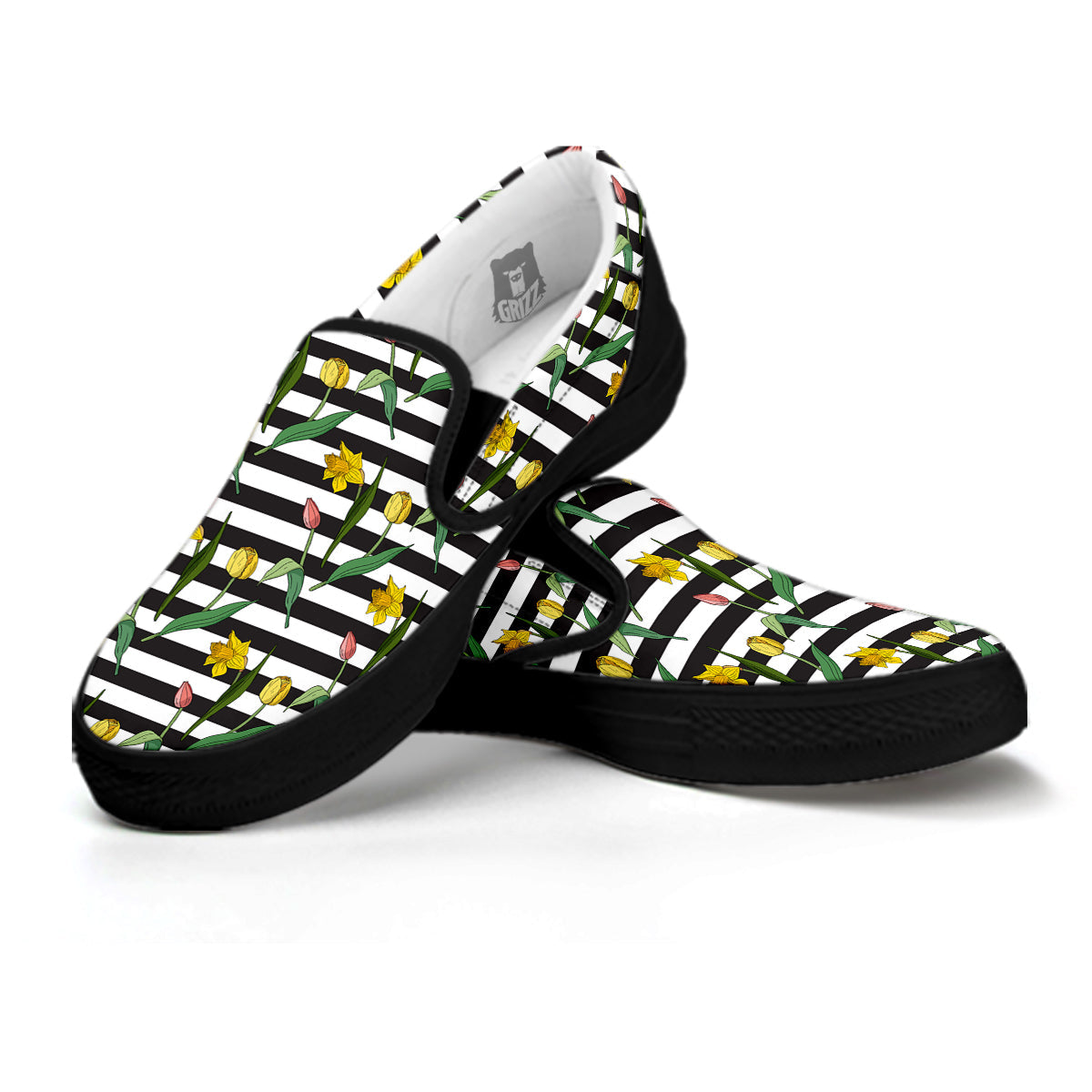 Striped Daffodil Yellow Print Pattern Black Slip On Shoes-grizzshop