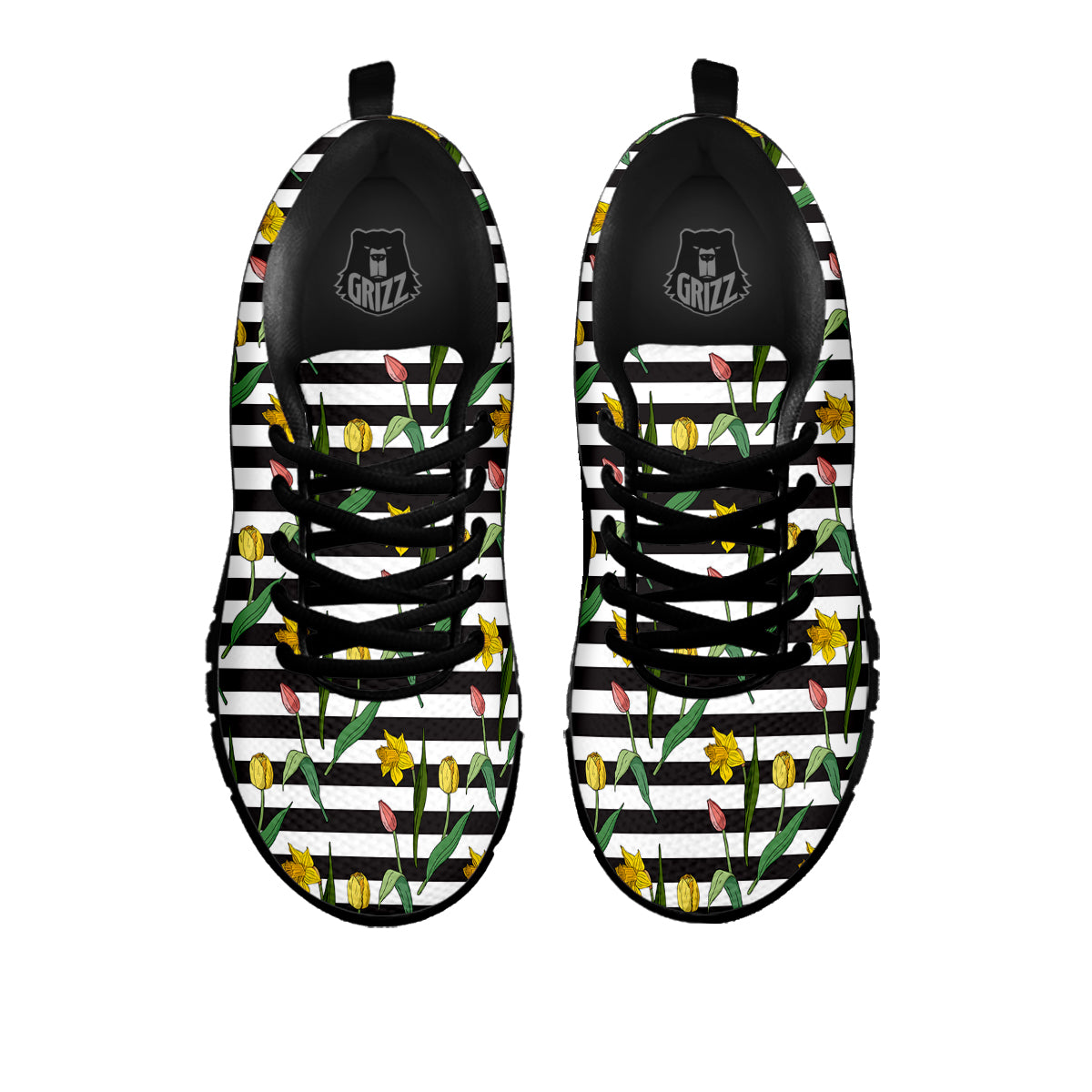 Striped Daffodil Yellow Print Pattern Black Sneaker-grizzshop