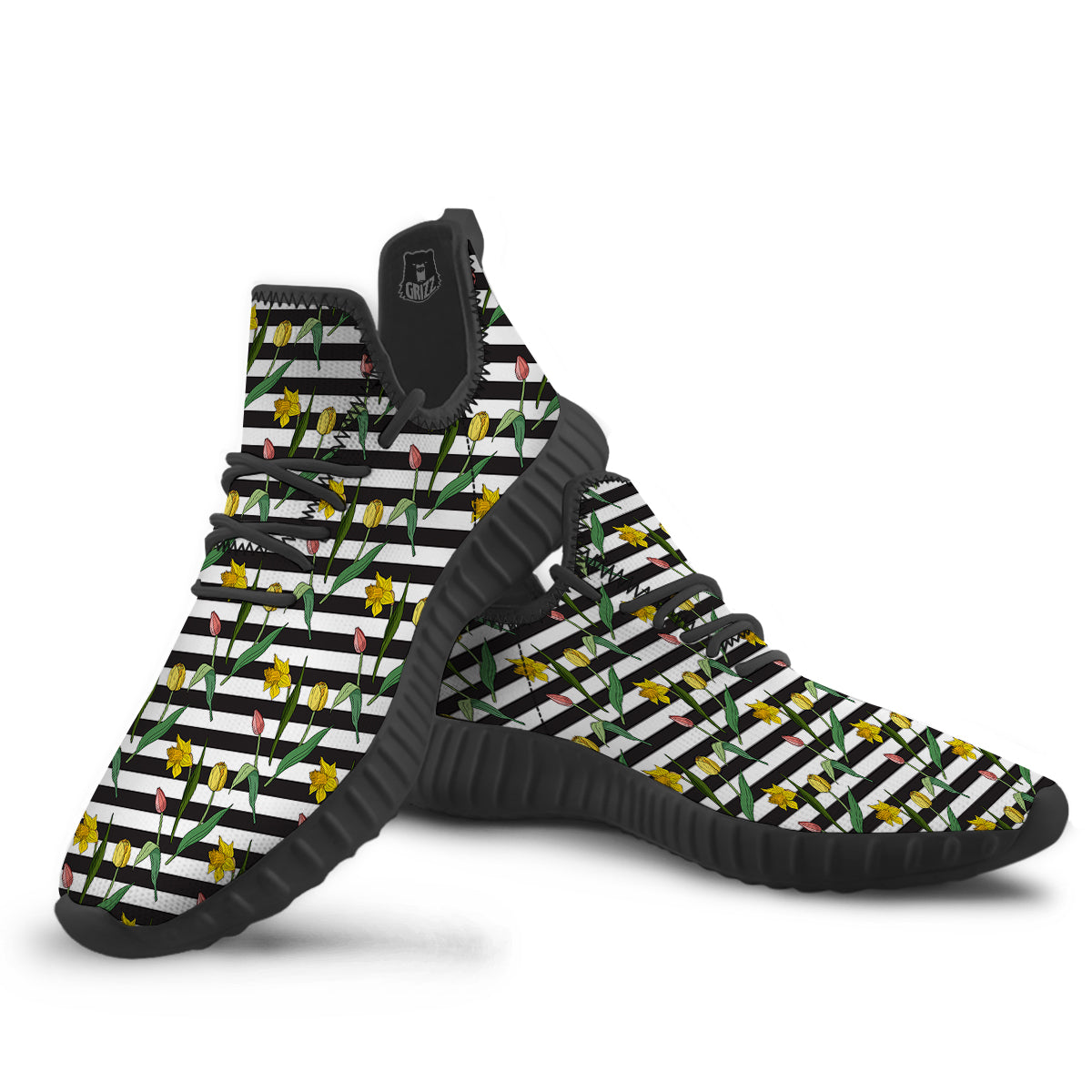 Striped Daffodil Yellow Print Pattern Black Walking Shoes-grizzshop