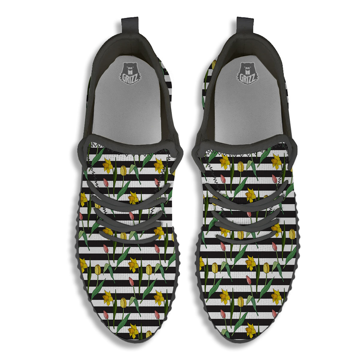 Striped Daffodil Yellow Print Pattern Black Walking Shoes-grizzshop