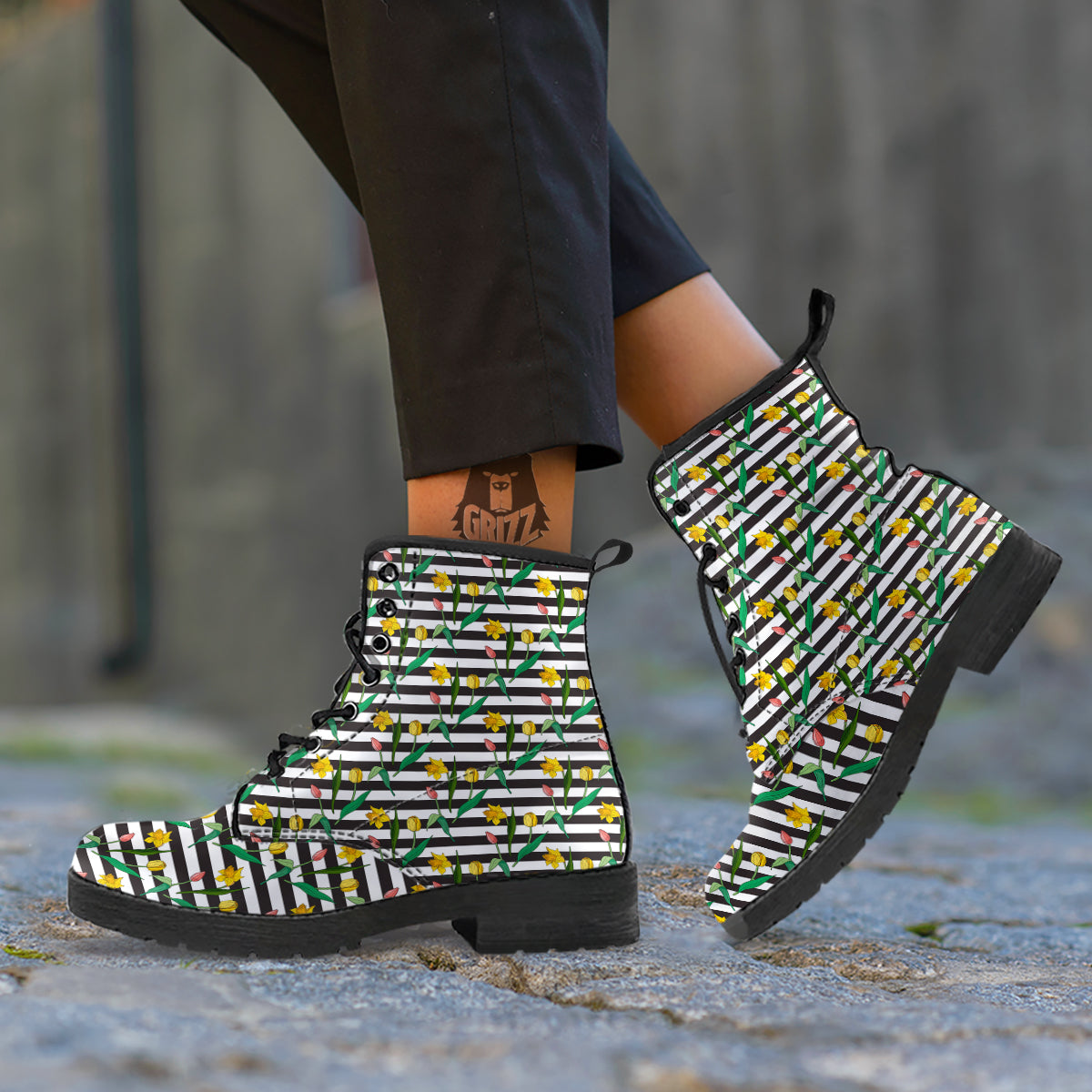 Striped Daffodil Yellow Print Pattern Leather Boots-grizzshop