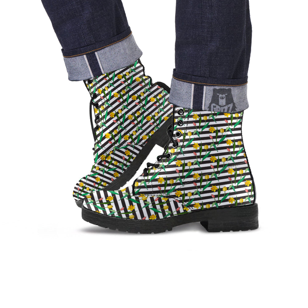 Striped Daffodil Yellow Print Pattern Leather Boots-grizzshop