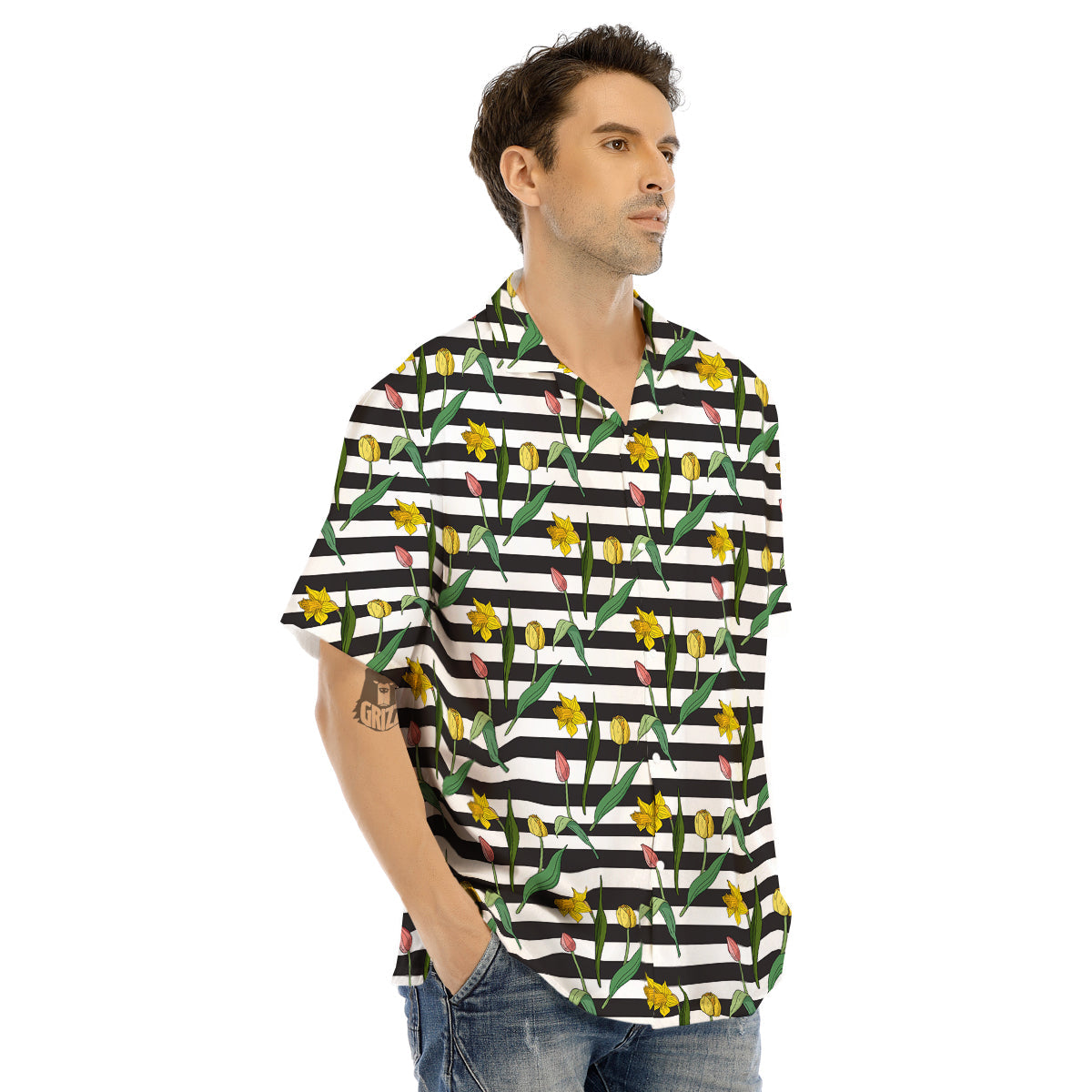 Striped Daffodil Yellow Print Pattern Men's Hawaiian Shirt-grizzshop